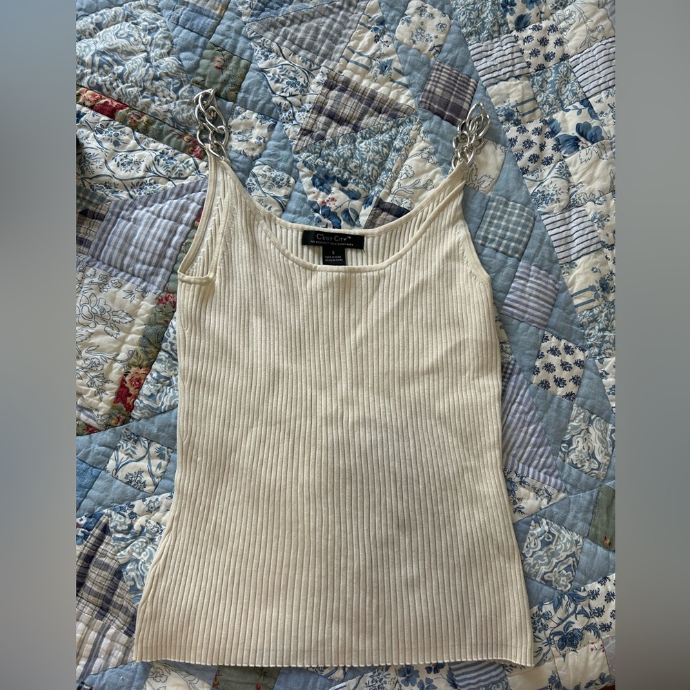 Chain Straps Cream Ribbed Tank Top